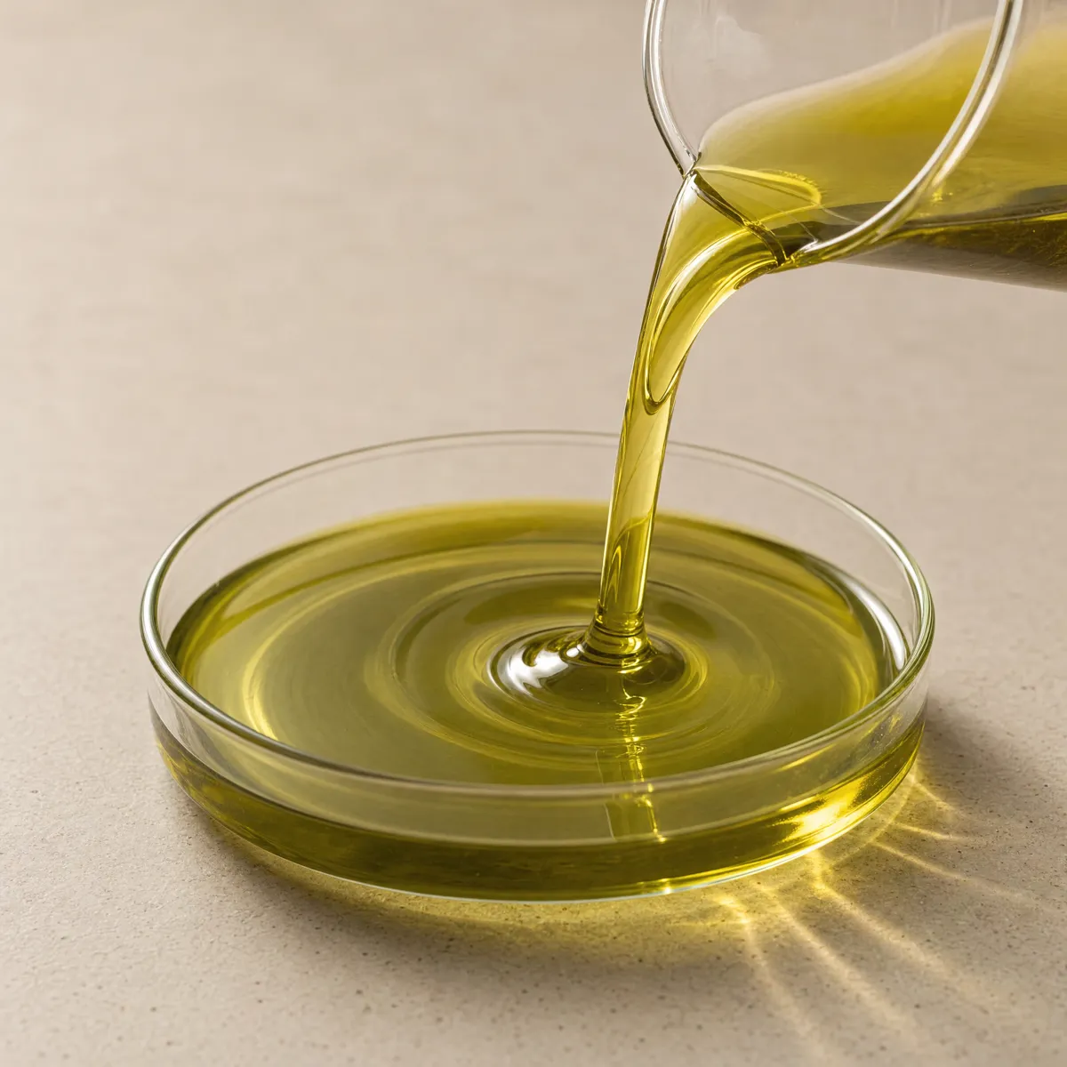 Aceite de oliva dorado vertido sobre una placa Petri de vidrio
