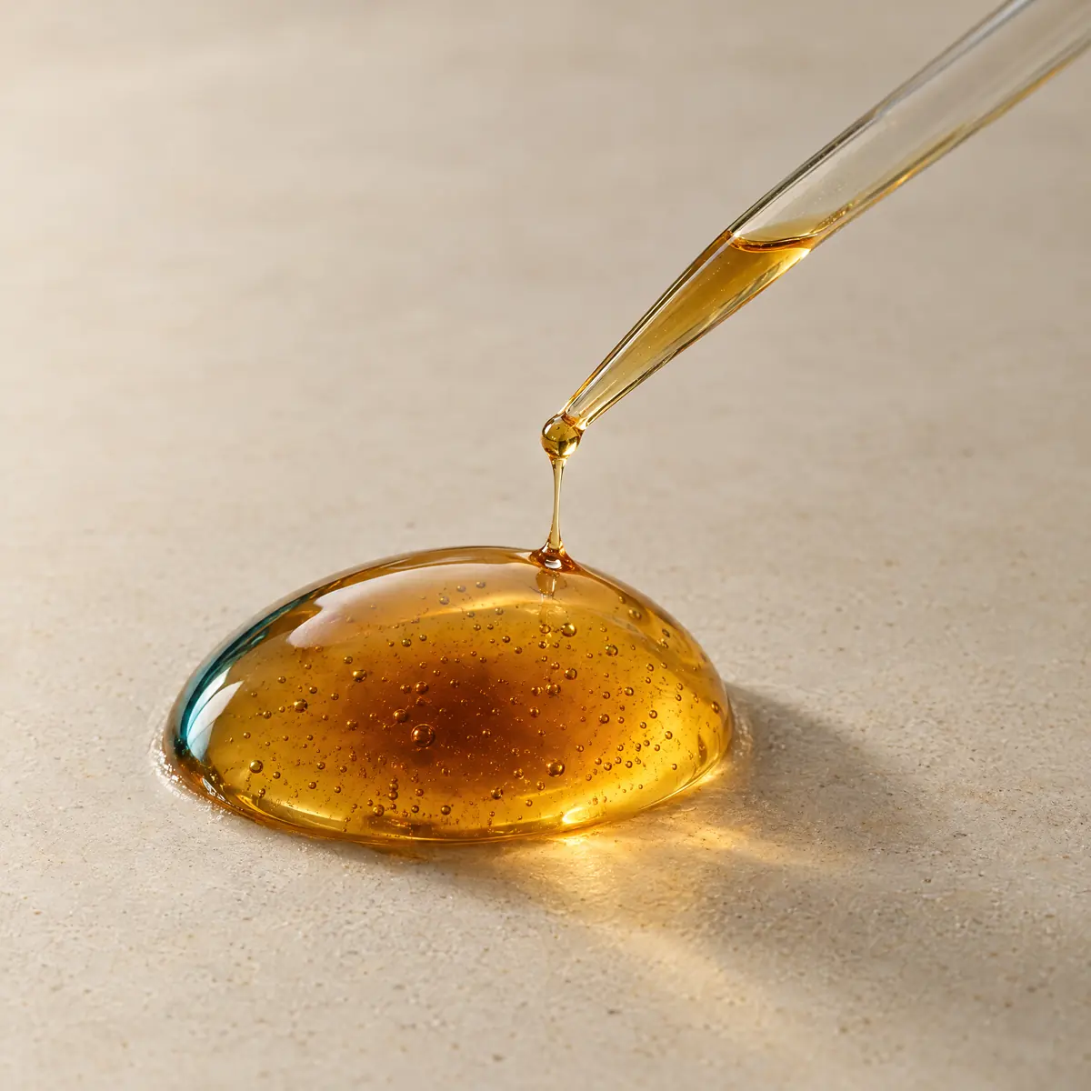 Gota ámbar del extracto antioxidante rico en hidroxitirosol, dosificada con una pipeta de laboratorio