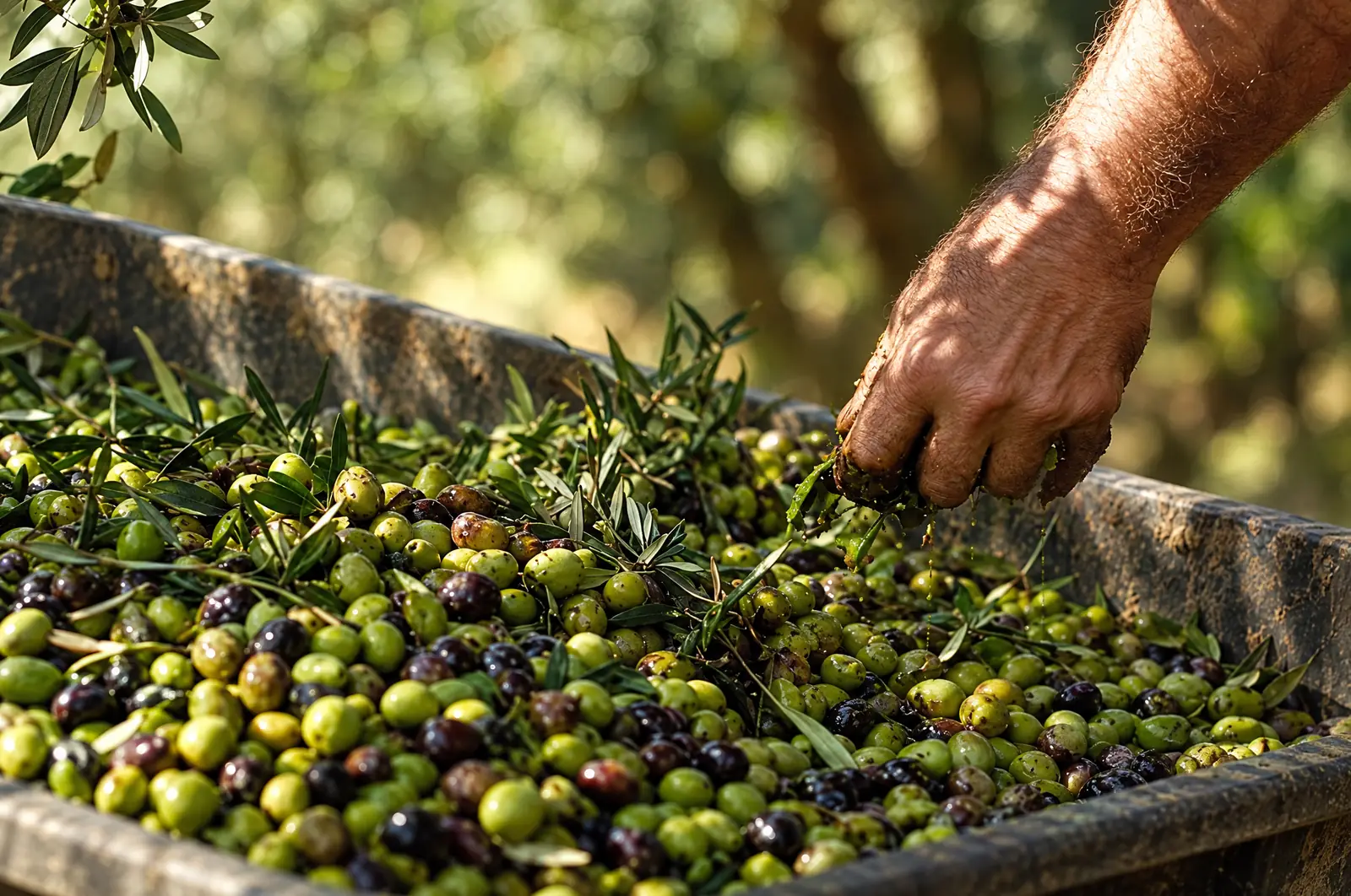 Aceitunas recién recogidas con hojas en un remolque, durante la campaña de recolección