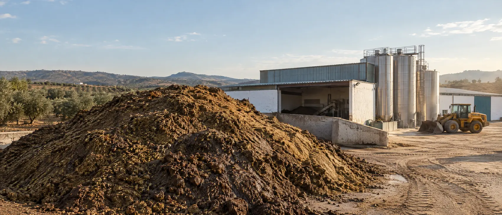 Montaña de alperujo húmedo junto a las instalaciones de una almazara